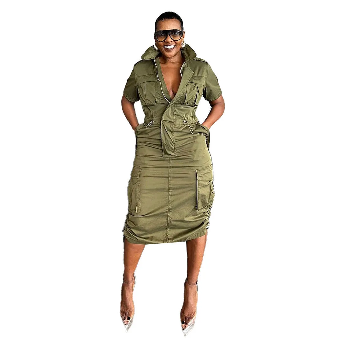 Utility-Inspired Drawstring Cargo Dress with Tailored Fit