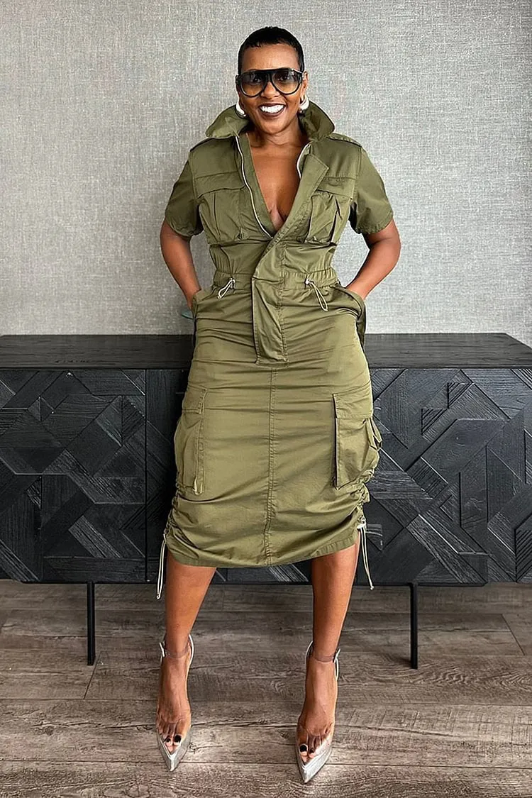 Utility-Inspired Drawstring Cargo Dress with Tailored Fit