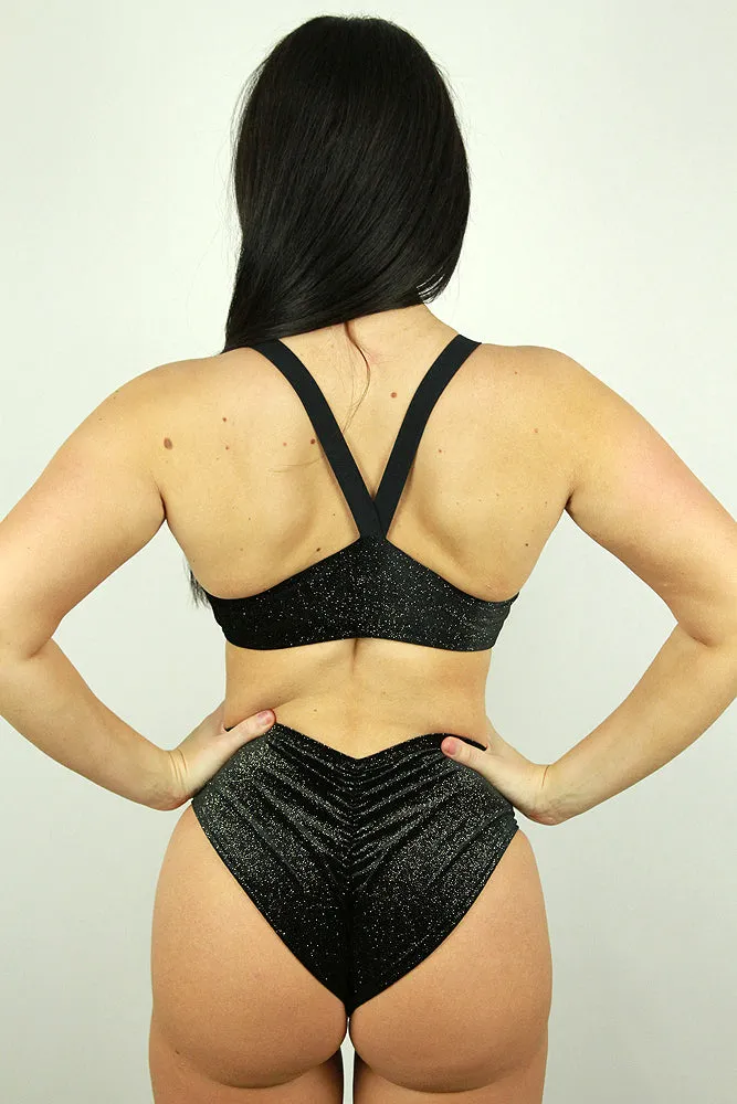 Velvet Sparkle Side Cut Out One Piece Leotard Bodysuit Black