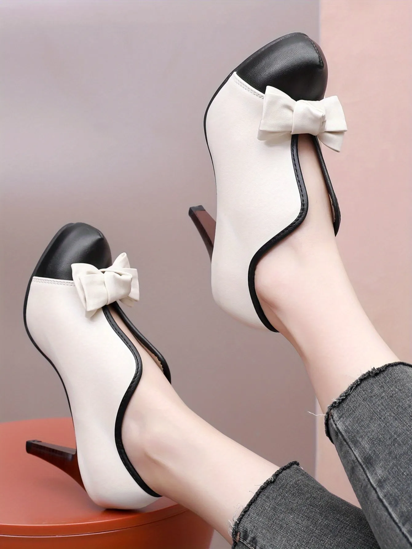 VougeVamp Women's Bowknot Colorblock Platform High Heels – Fashionable V-Cut Slip-On Stiletto Dress Pumps