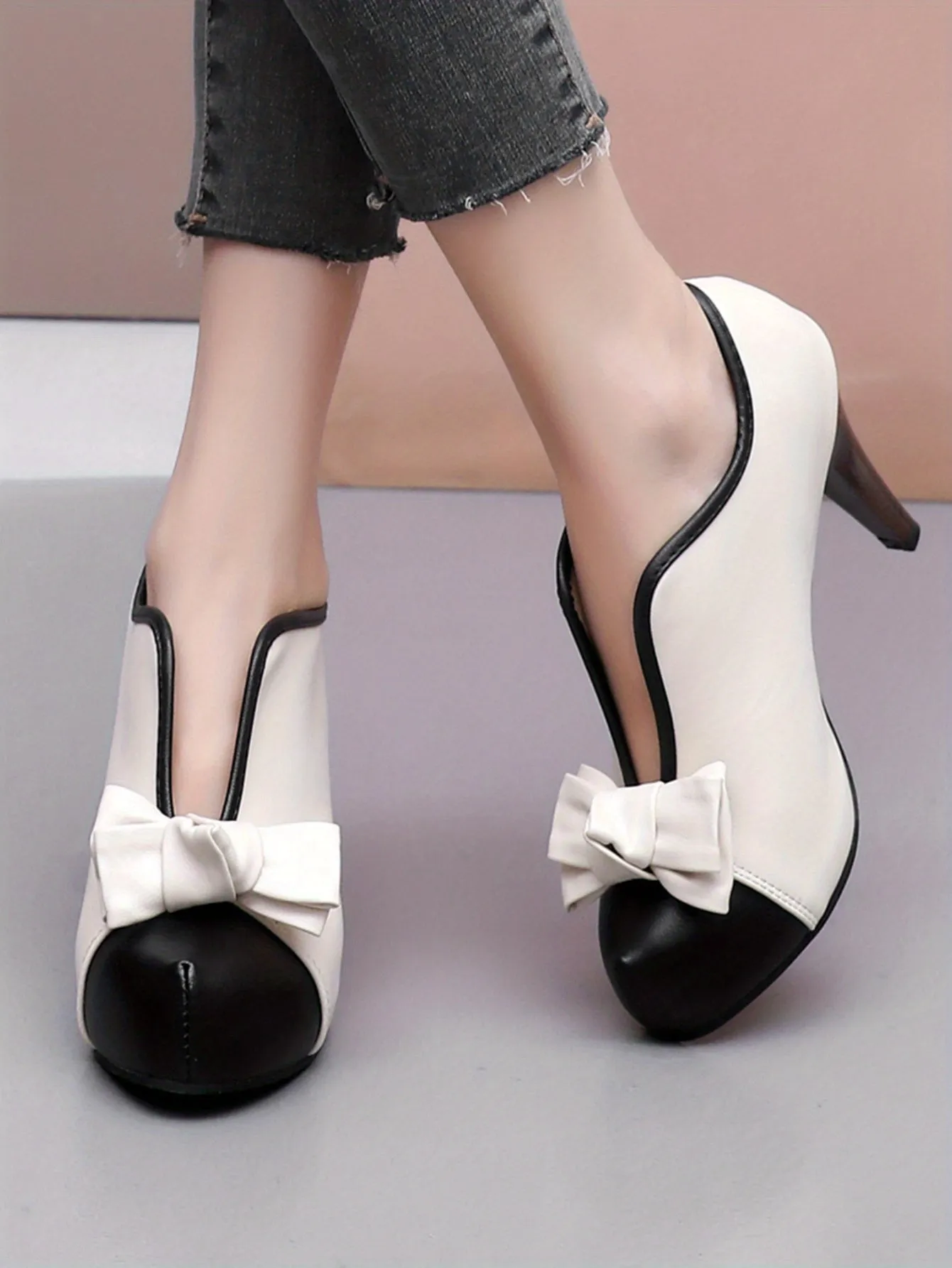 VougeVamp Women's Bowknot Colorblock Platform High Heels – Fashionable V-Cut Slip-On Stiletto Dress Pumps