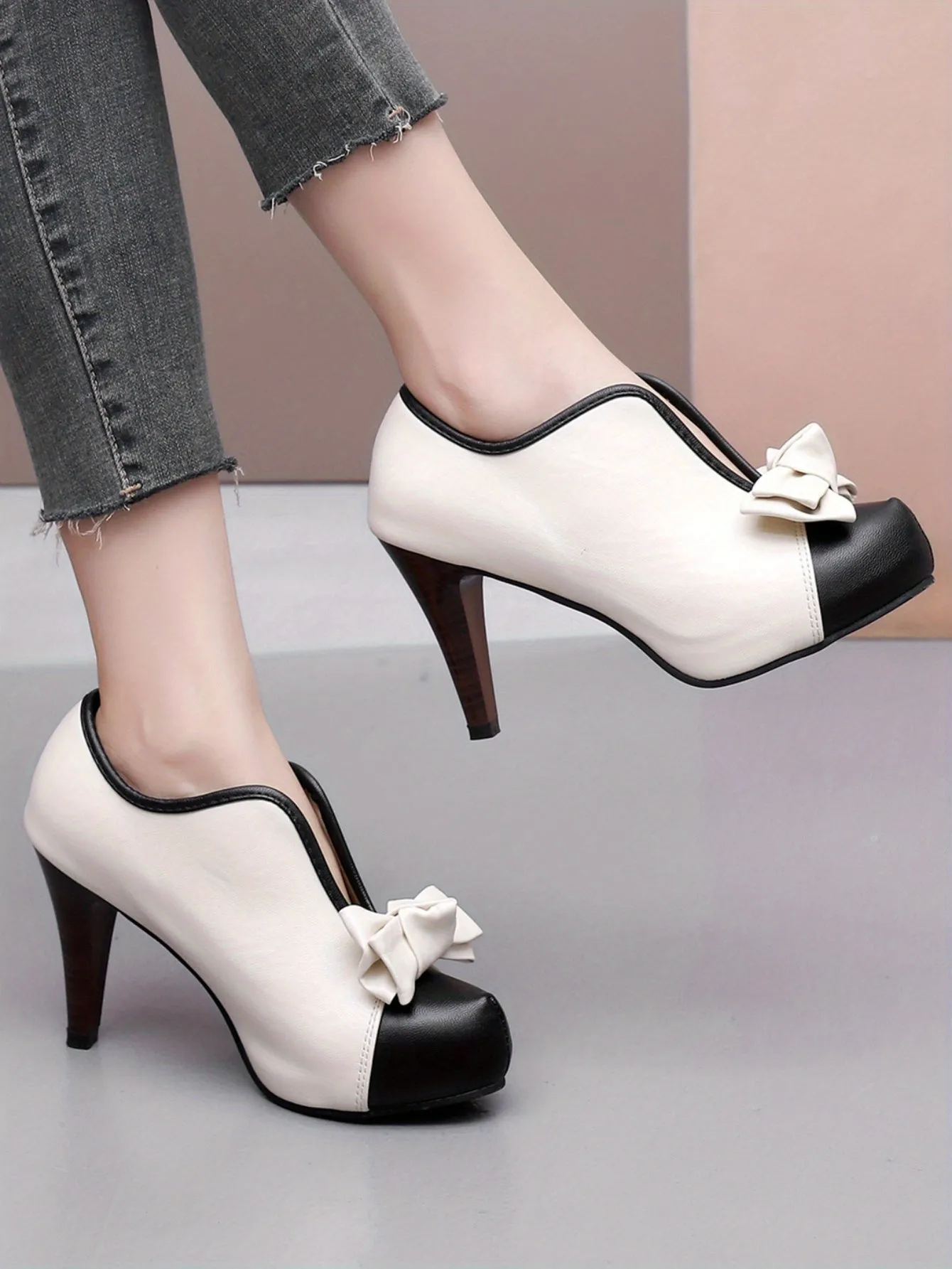 VougeVamp Women's Bowknot Colorblock Platform High Heels – Fashionable V-Cut Slip-On Stiletto Dress Pumps