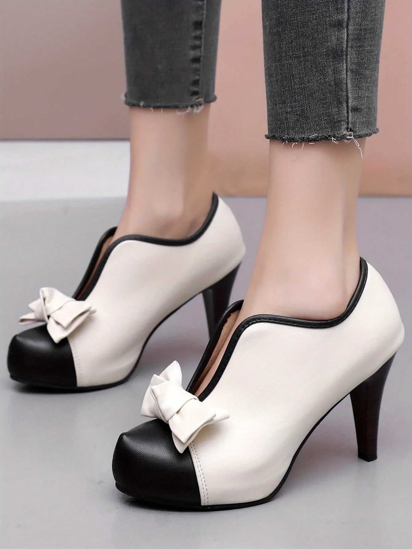 VougeVamp Women's Bowknot Colorblock Platform High Heels – Fashionable V-Cut Slip-On Stiletto Dress Pumps