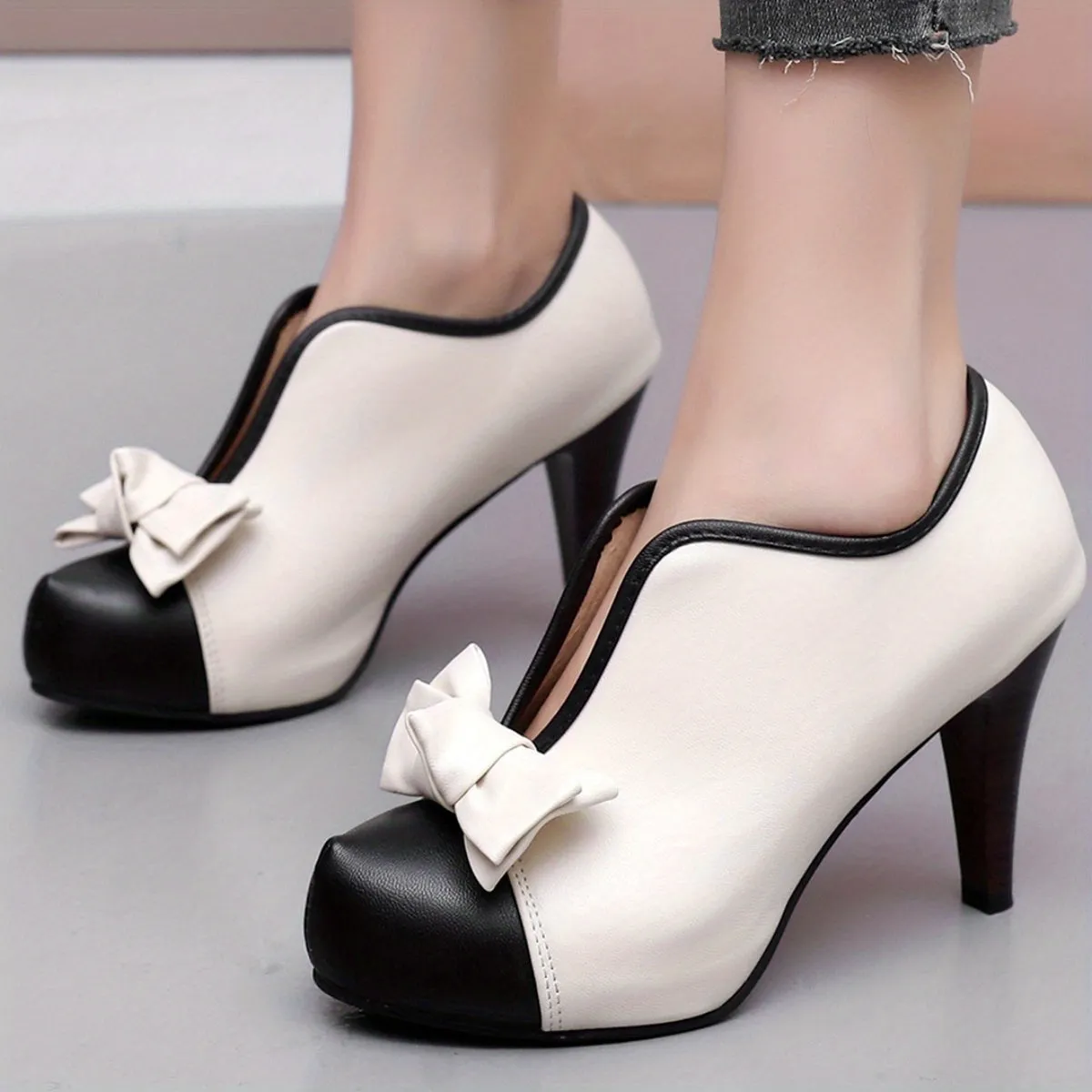 VougeVamp Women's Bowknot Colorblock Platform High Heels – Fashionable V-Cut Slip-On Stiletto Dress Pumps