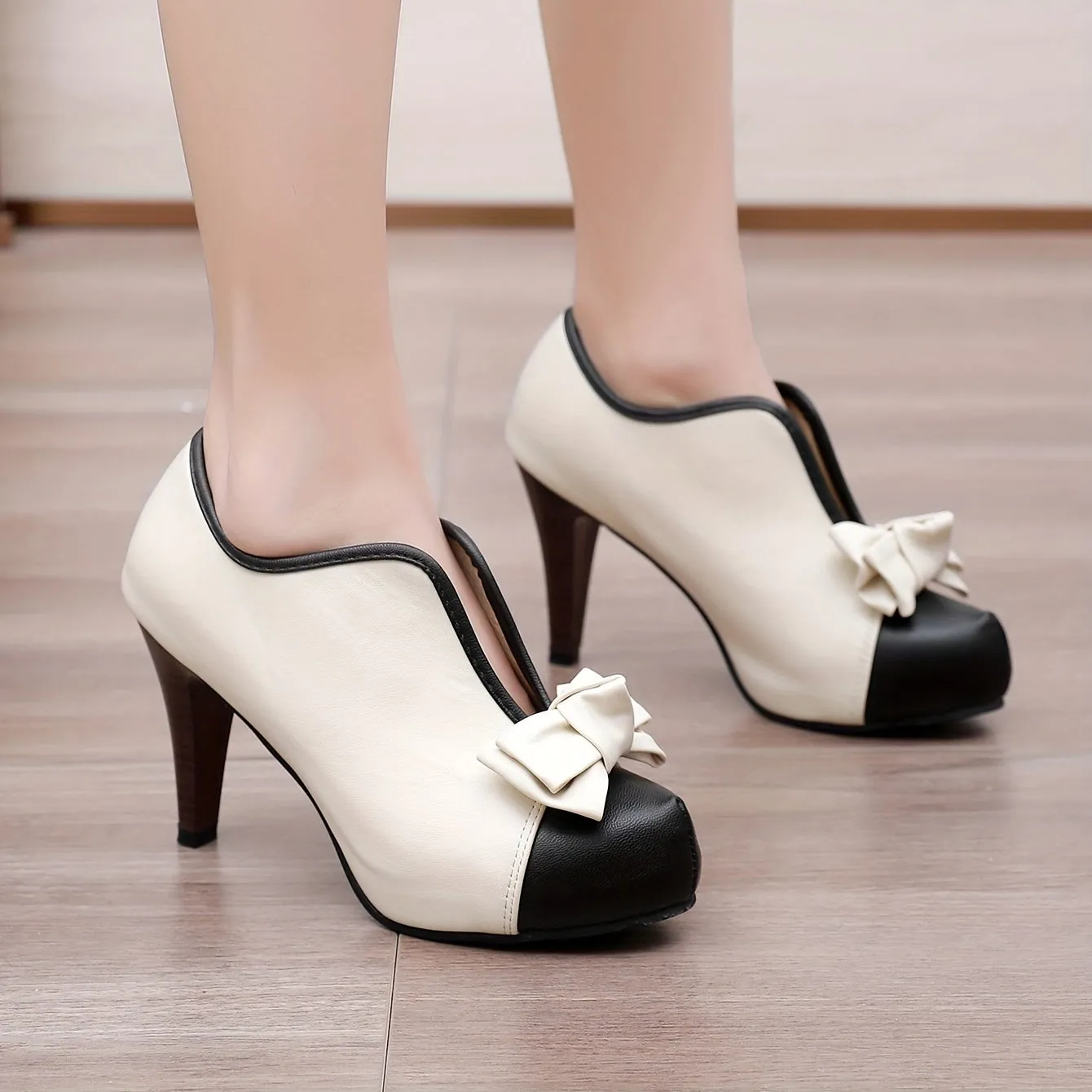 VougeVamp Women's Bowknot Colorblock Platform High Heels – Fashionable V-Cut Slip-On Stiletto Dress Pumps