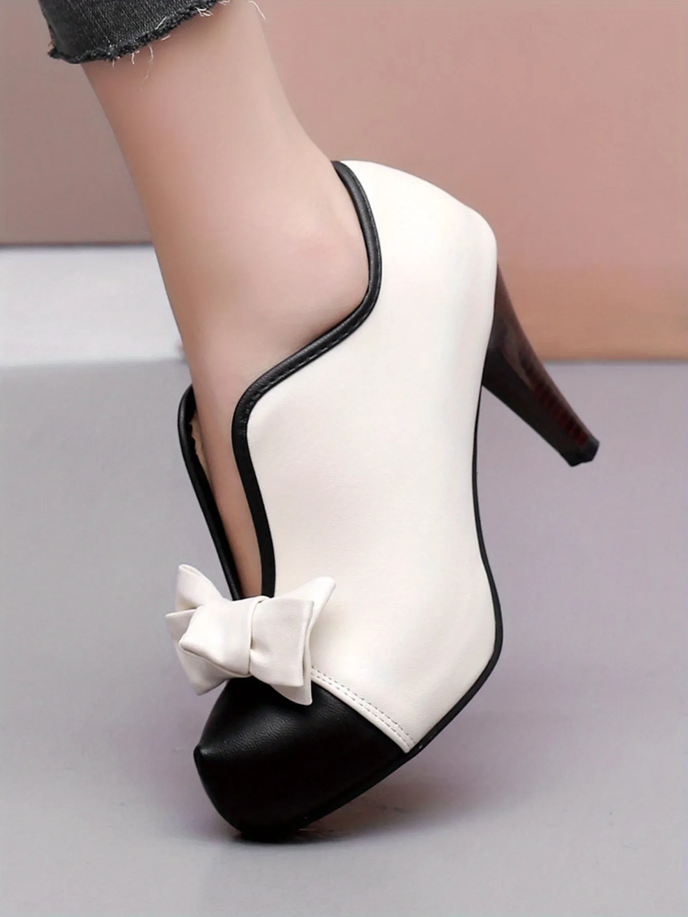 VougeVamp Women's Bowknot Colorblock Platform High Heels – Fashionable V-Cut Slip-On Stiletto Dress Pumps