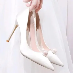 VougeVamp Women's Pearl Pointed Toe Stiletto Heels – Elegant Bridal & Wedding Pumps