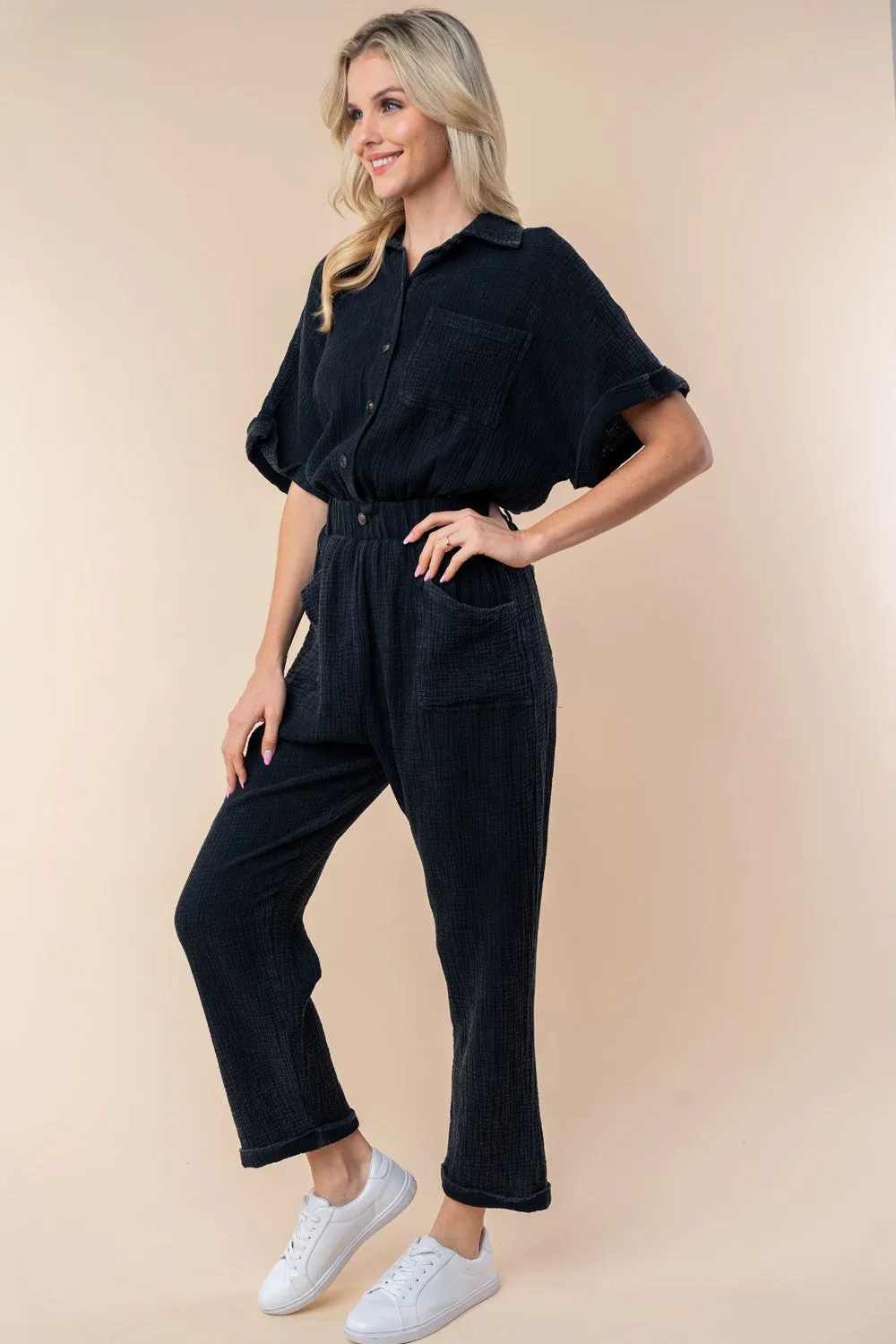 White Birch Texture Short Sleeve Jumpsuit (online only)
