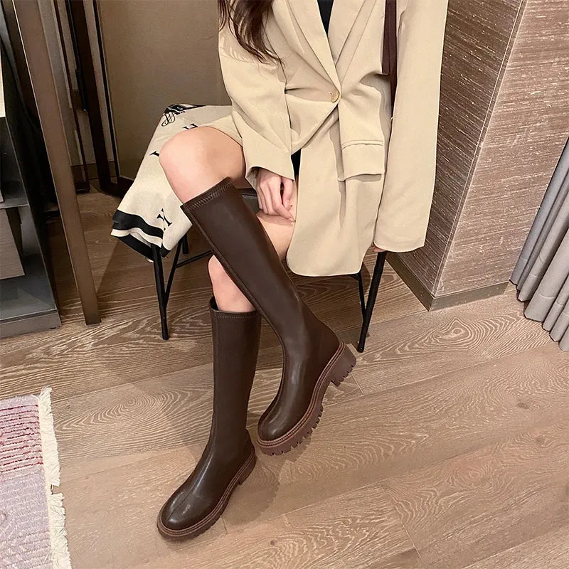 Winter Modern Women Knee High Boots Fashion Knight Long Booties Designer Square Heels Botas De Mujer