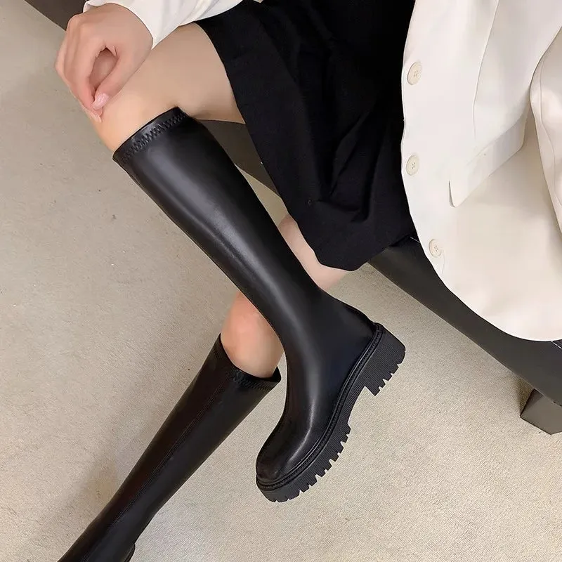 Winter Modern Women Knee High Boots Fashion Knight Long Booties Designer Square Heels Botas De Mujer