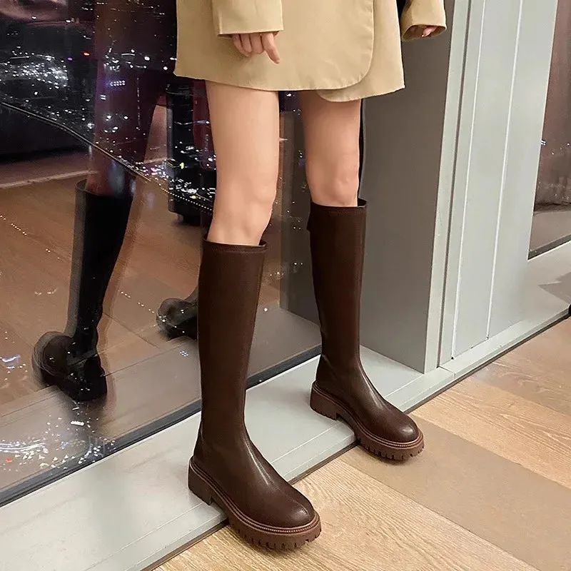 Winter Modern Women Knee High Boots Fashion Knight Long Booties Designer Square Heels Botas De Mujer