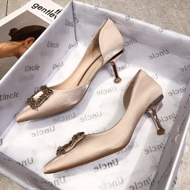Women Bridal Shoes Wedding Shoes Faux Silk Satin Rhinestone Crystal Woman Pumps Stiletto