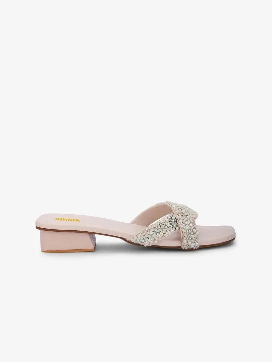 Women Embellished White Block Heel Sandals