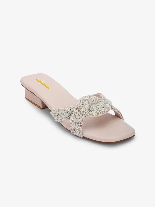Women Embellished White Block Heel Sandals