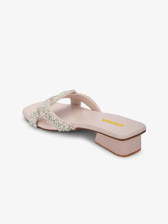 Women Embellished White Block Heel Sandals