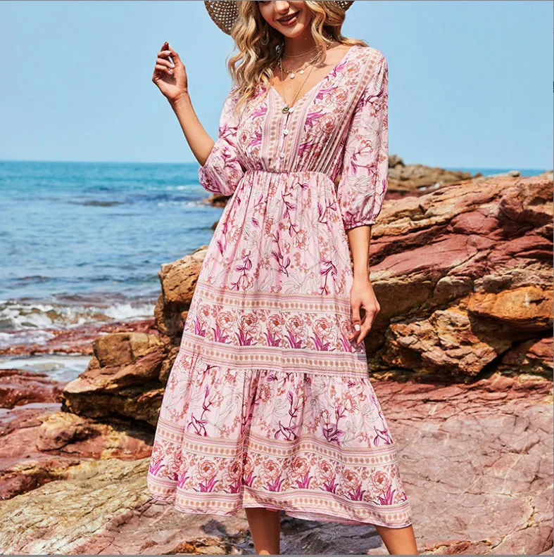 Women's Mid-length V-neck Floral Dress