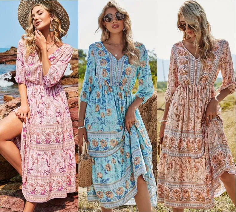 Women's Mid-length V-neck Floral Dress
