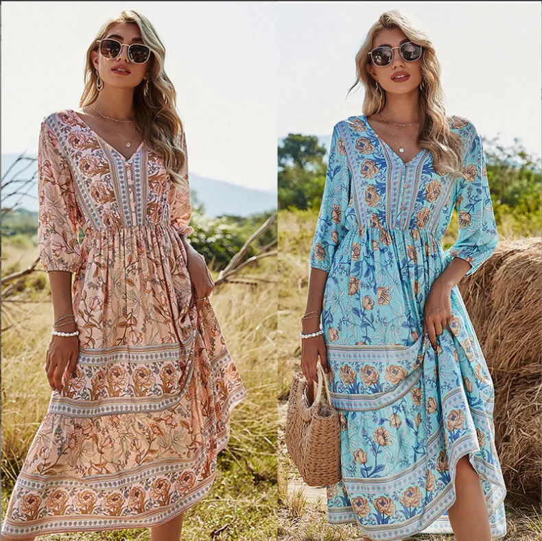 Women's Mid-length V-neck Floral Dress