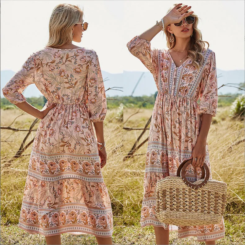 Women's Mid-length V-neck Floral Dress
