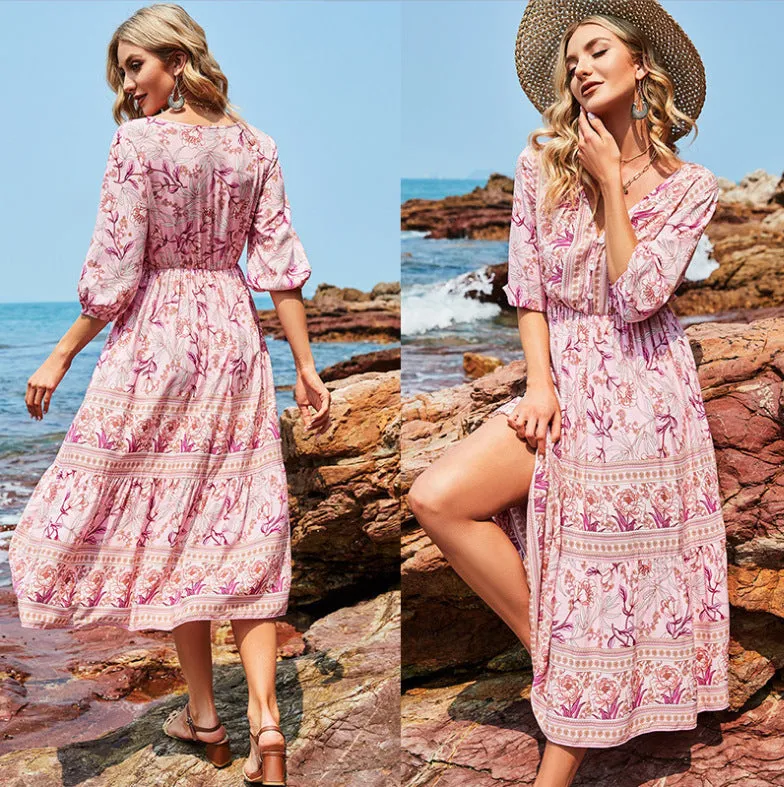 Women's Mid-length V-neck Floral Dress