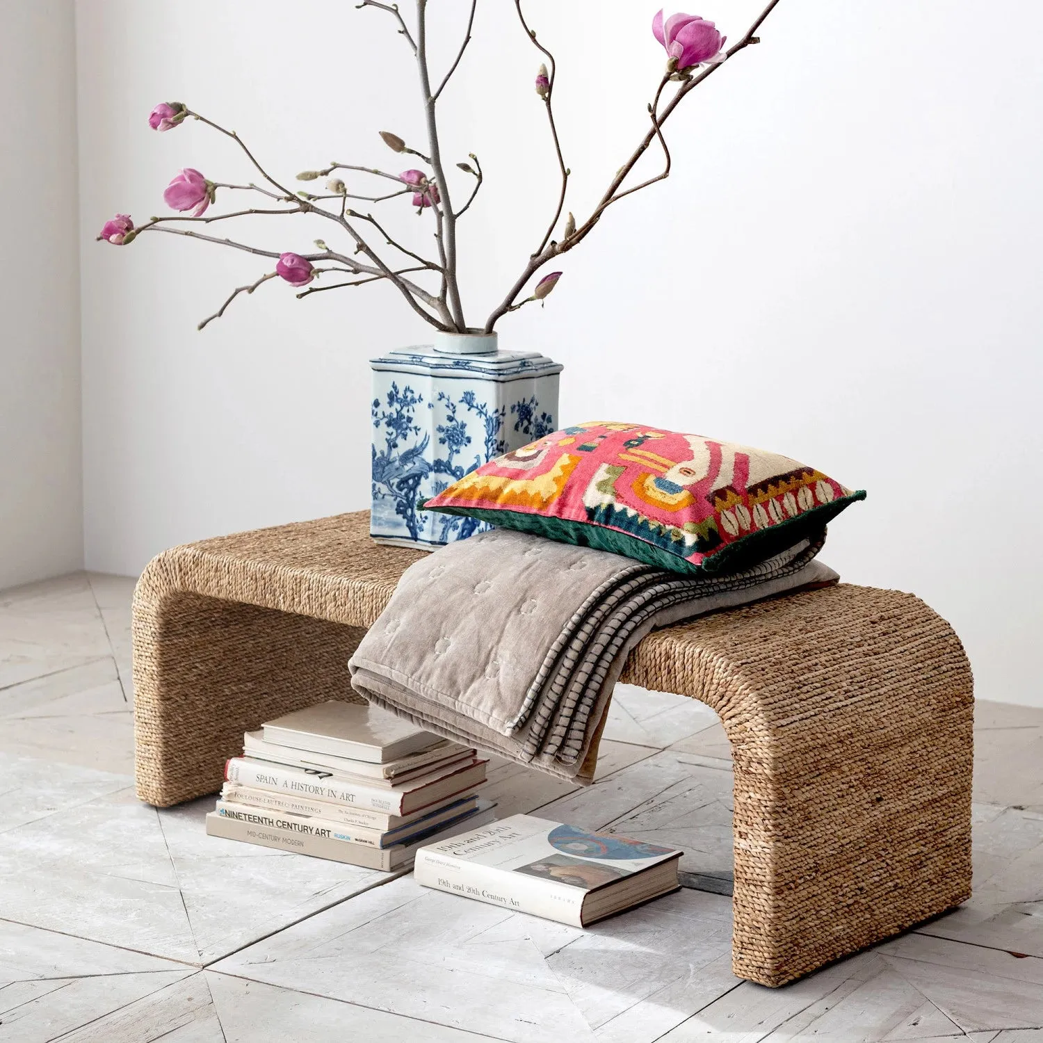 Woven Water Hyacinth Acacia Wood Bench